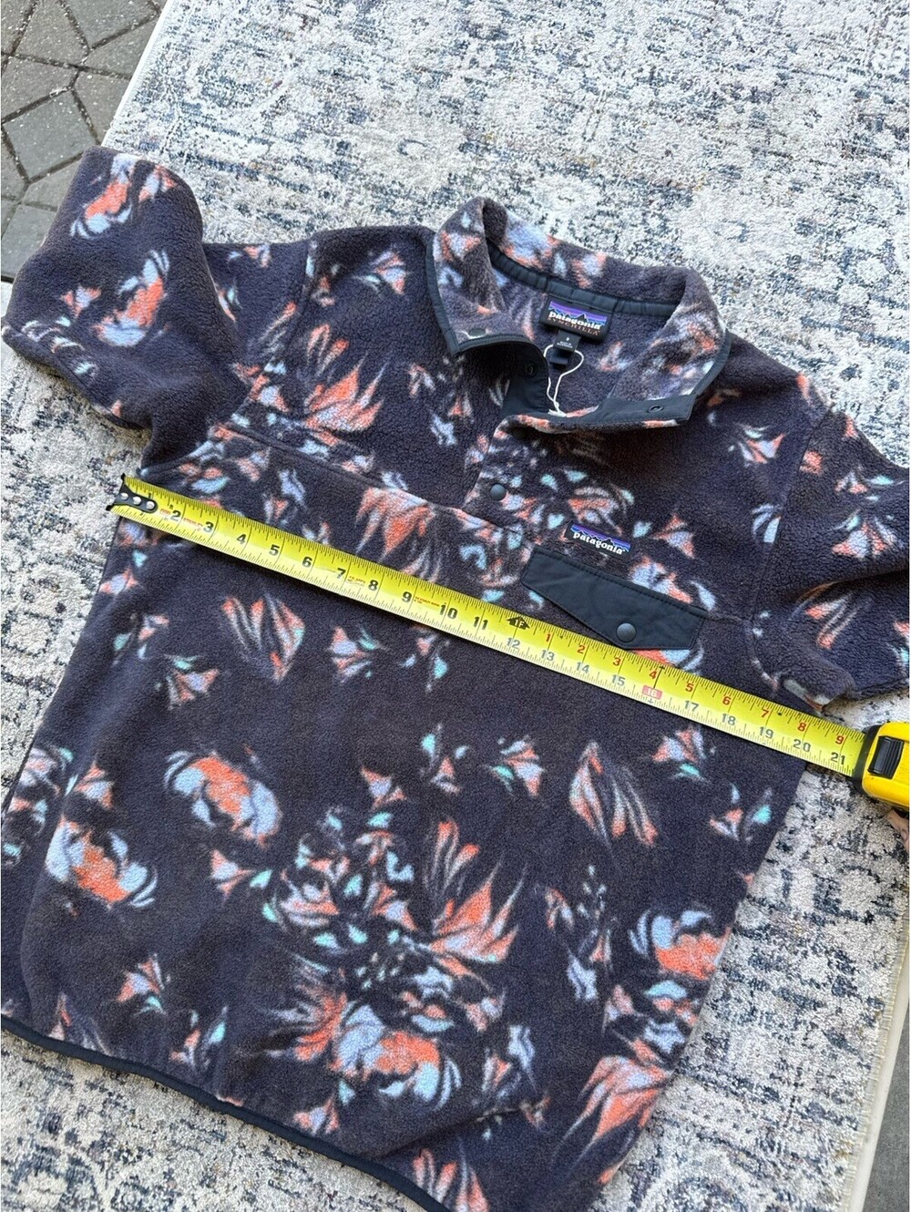 Patagonia Synchilla Fleece Pullover Sweater S Floral Navy Orange Snap Pocket - Picture 5 of 6